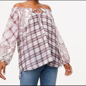 LOFT Breezy Plaid Off The Shoulder Top NWT